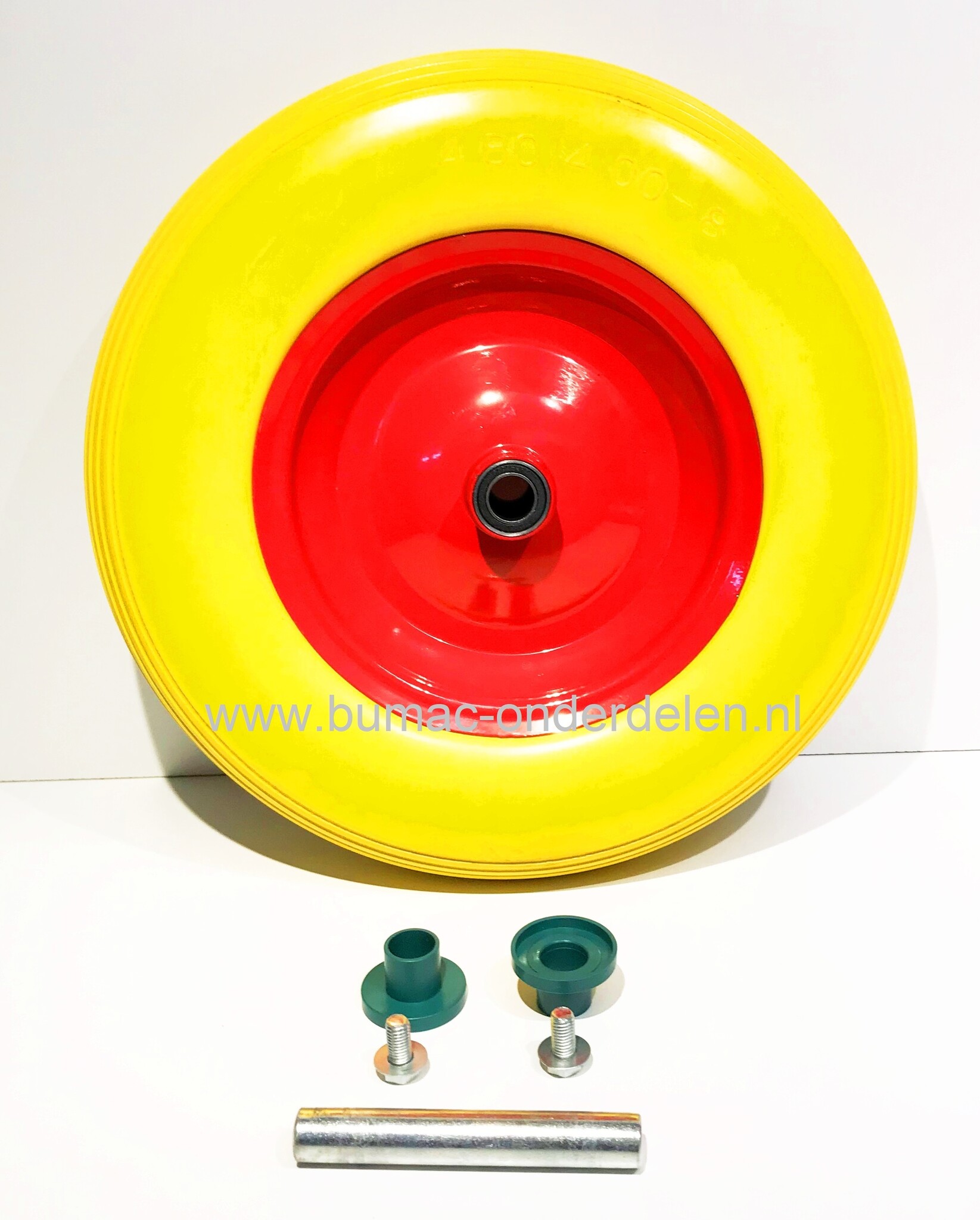 Kruiwagenwiel Ø 380 mm met Anti lek band van polyurethaan, Binnendiameter Ø 20 mm Naaflengte 80 mm As lengte 128 mm, Wiel met Stalen velg en 2x  Afgedichte Kogellagers, antilek band, onderdeel kruiwagenband