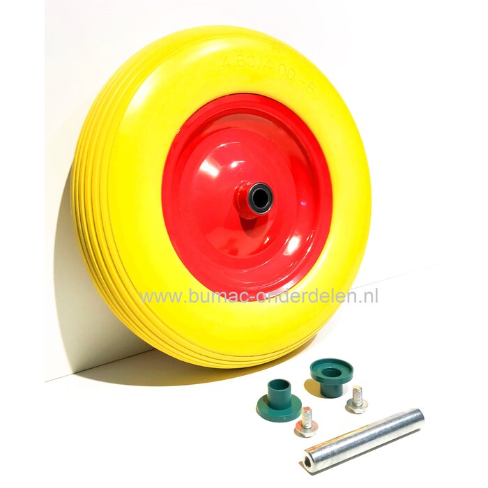 Kruiwagenwiel Ø 380 mm met Anti lek band van polyurethaan, Binnendiameter Ø 20 mm Naaflengte 80 mm As lengte 128 mm, Wiel met Stalen velg en 2x  Afgedichte Kogellagers, antilek band, onderdeel kruiwagenband