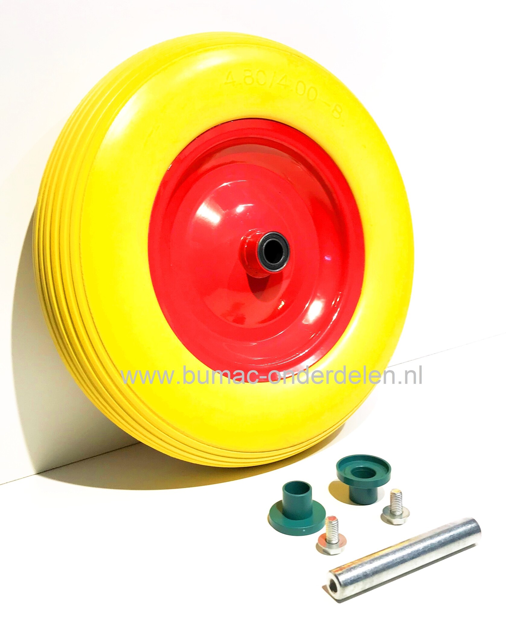 Kruiwagenwiel Ø 380 mm met Anti lek band van polyurethaan, Binnendiameter Ø 20 mm Naaflengte 80 mm As lengte 128 mm, Wiel met Stalen velg en 2x  Afgedichte Kogellagers, antilek band, onderdeel kruiwagenband