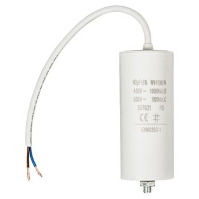 Condensator 60µF-450V Kabel uitvoering voor Elektromotor Hakselaar, Aggregaat, Krachtmotor, Waterpomp, Hogedrukreiniger, Generator, Honda, Yanmar Startcondensator Elektro Motor