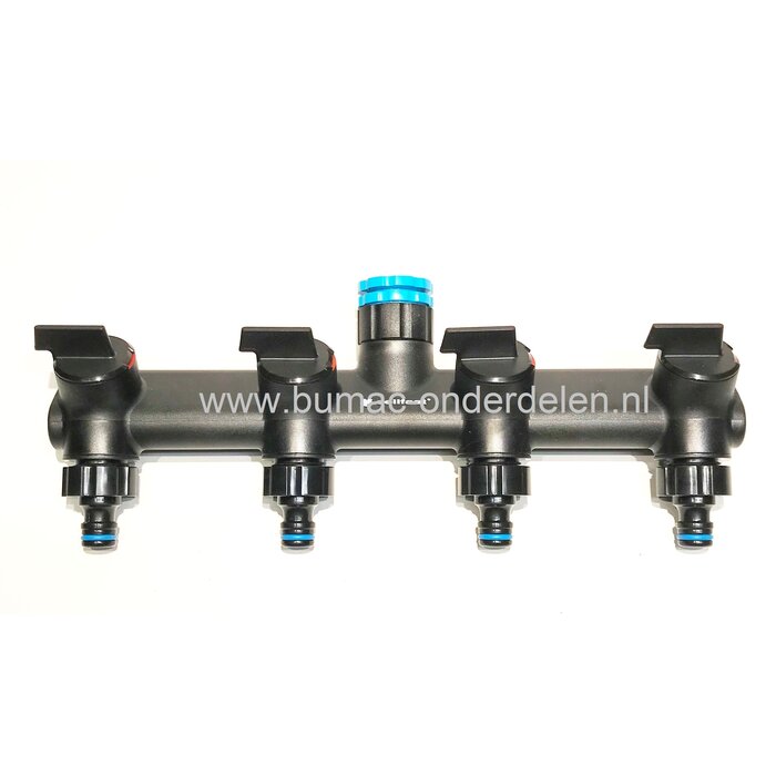 4 weg kraanaansluiting voor meer gebruikersgemak, kraan aansluiting voor 1/2 - 3/4 of 1 Inch schroefdraad, Voor Tuinslangen met de "standaard" Gardena Klik koppeling, de waterverdeler is afzonderlijk te regelen door de draaiknoppen, onderdeel