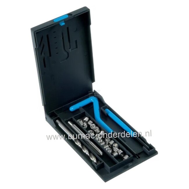 Schroefdraad reparatie set M14x1,25 mm, Incl 5x helicoil lengte 8,4 - 12,4 - 16,4 mm* boor 14,4 mm, draadsnijtap, indraaispindel, schroefdraadreparatieset voor vervangen beschadigt schroefdraad aanhanger, zitmaaier, quad, motor, kettingzaag, auto, bougie,