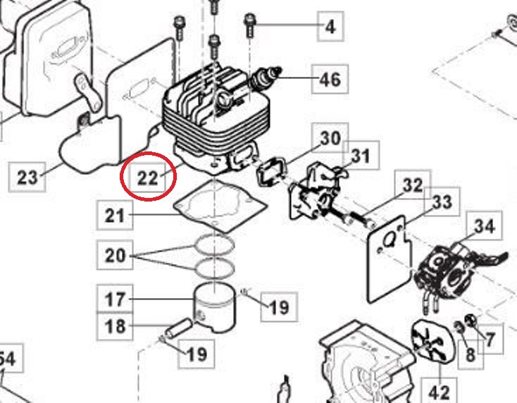 Cilinder Ø 44 mm voor Castelgarden, Stiga, Alpina, Mountfield bosmaaiers, trimmers, bermmaaiers, ABR52, ABR52, ABR52D, B52, B52D, BC555B, BC555R, CB153D, CB153F, SBC252, SCB252D, SBC252F, SBC253D, SBC253F, XB253D, XB253F motordelen, cylinder, onderdeel