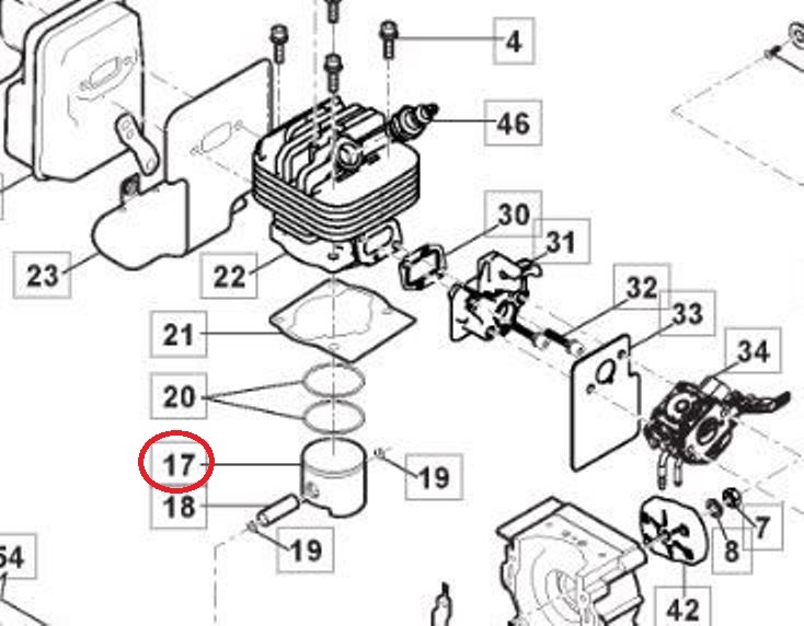 Zuiger Ø 44 mm voor Castelgarden, Stiga, Alpina, Mountfield bosmaaiers, trimmers, bermmaaiers, ABR52, ABR52, ABR52D, B52, B52D, BC555B, BC555R, CB153D, CB153F, SBC252, SCB252D, SBC252F, SBC253D, SBC253F, XB253D, XB253F motordelen, cylinder, onderdeel -
