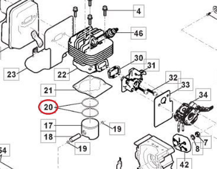 Zuigerveren voor zuigers Ø 44 mm voor Castelgarden, Stiga, Alpina, Mountfield bosmaaiers, trimmers, bermmaaiers, ABR52, ABR52, ABR52D, B52, B52D, BC555B, BC555R, CB153D, CB153F, SBC252, SCB252D, SBC252F, SBC253D, SBC253F, XB253D, XB253F, onderdeel