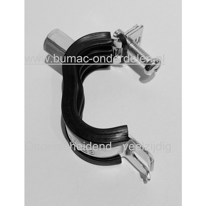 Ophangbeugel klembereik 15-19 mm. Kabelklem, buizenklem, slangenbevestiging, leidingklem, draadpijpklem verzinkt staal met inleg. Beregeningstechniek, Hydrauliekslang, Brandstofslang, Clip, Beugel, Buisbeugel, Koper, IJzer Klemhaak