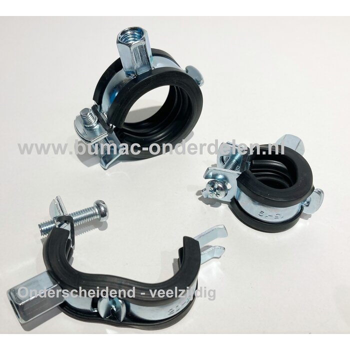 Ophangbeugel klembereik 32 - 35 mm. Kabelklem, buizenklem, slangenbevestiging, leidingklem, draadpijpklem verzinkt staal met inleg. Beregeningstechniek, Hydrauliekslang, Brandstofslang, Clip, Beugel, Buisbeugel, Koper, IJzer Klemhaak