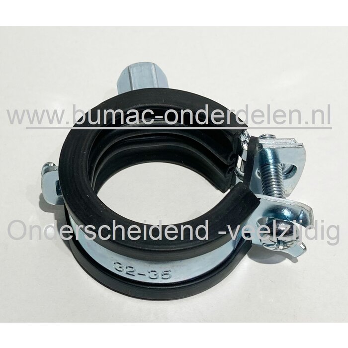 Ophangbeugel klembereik 32 - 35 mm. Kabelklem, buizenklem, slangenbevestiging, leidingklem, draadpijpklem verzinkt staal met inleg. Beregeningstechniek, Hydrauliekslang, Brandstofslang, Clip, Beugel, Buisbeugel, Koper, IJzer Klemhaak