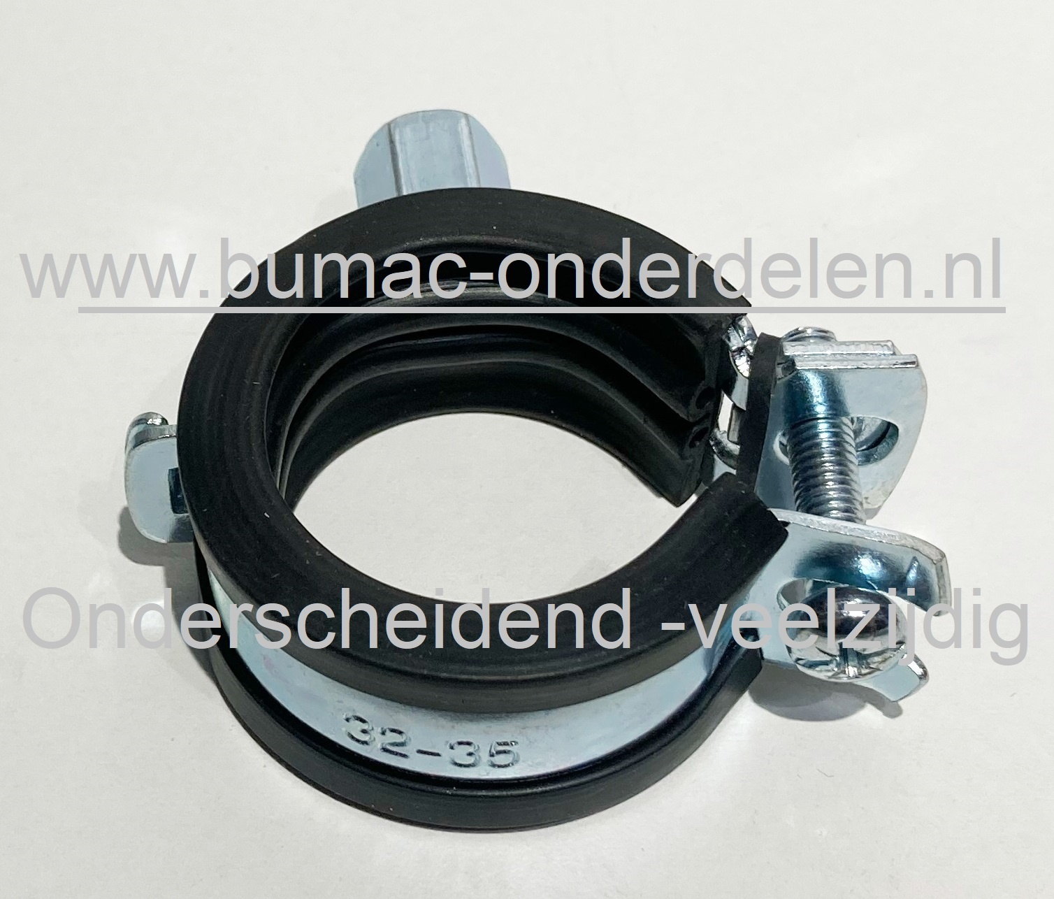 Ophangbeugel klembereik 32 - 35 mm. Kabelklem, buizenklem, slangenbevestiging, leidingklem, draadpijpklem verzinkt staal met inleg. Beregeningstechniek, Hydrauliekslang, Brandstofslang, Clip, Beugel, Buisbeugel, Koper, IJzer Klemhaak