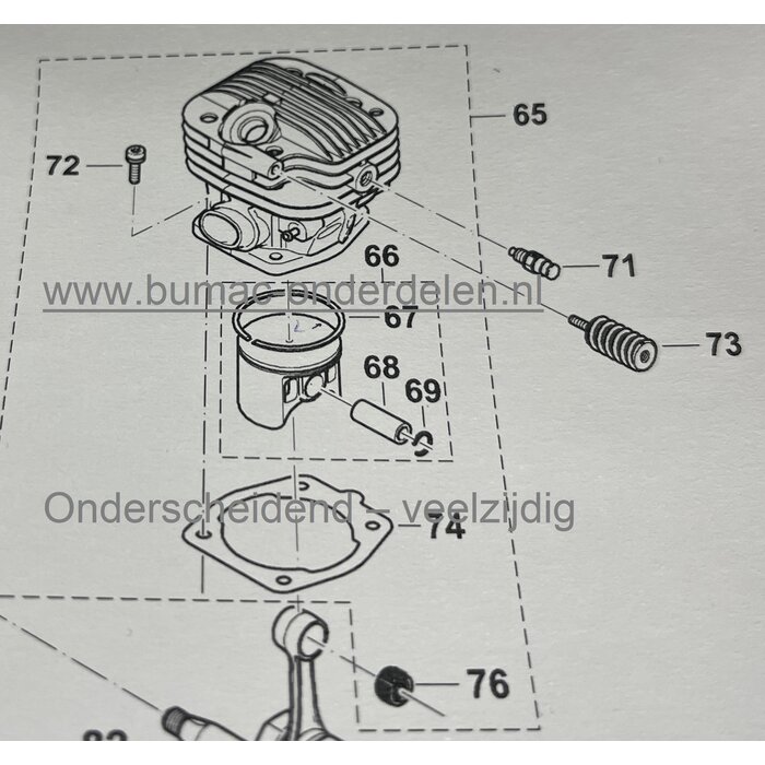 Cilinderkit Ø 45 mm voor Kettingzaag, Dolmar Makita Kettingzaag PS-5105, PS-5105C, PS-5105 CH, PS-5105 CX, PS-5105 H Complete Cilinderkit: Cilinder met Zuiger – Zuigerveren - Pistonpen en Cilinderpakking, Interne Motordelen, Motorzaag, Cilinderkit onderde