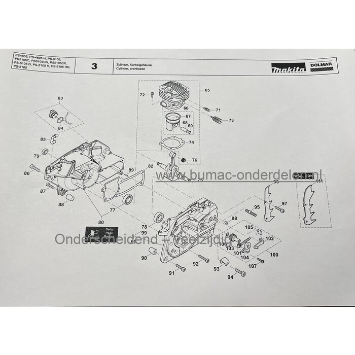 Cilinderkit Ø 45 mm voor Kettingzaag, Dolmar Makita Kettingzaag PS-5105, PS-5105C, PS-5105 CH, PS-5105 CX, PS-5105 H Complete Cilinderkit: Cilinder met Zuiger – Zuigerveren - Pistonpen en Cilinderpakking, Interne Motordelen, Motorzaag, Cilinderkit onderde