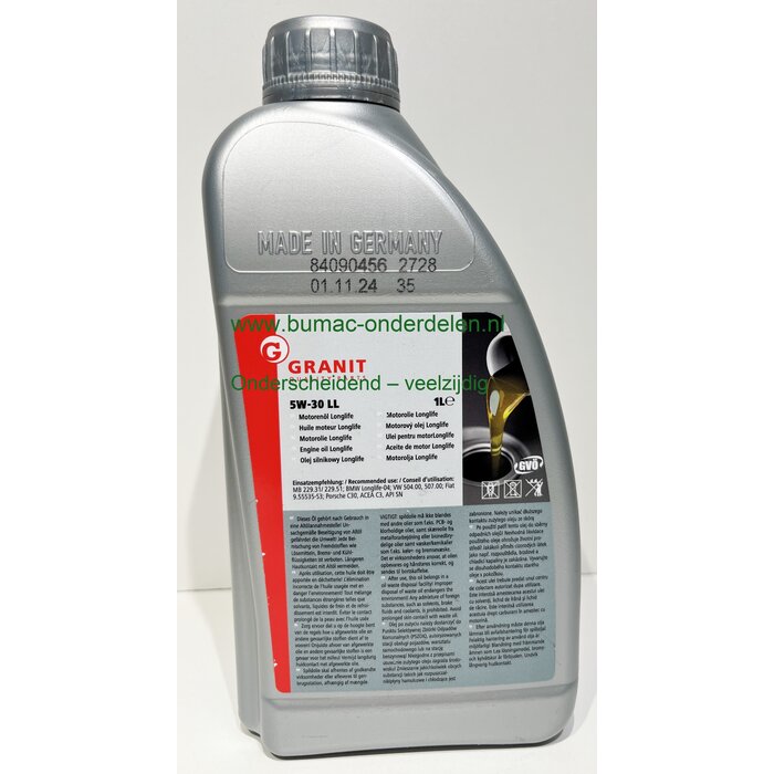 GRANIT Motorolie SAE 5W-30 Longlife – 1L Mid-SAPS HC-Synthese voor landbouwmachines van Fendt, John Deere, Deutz, Claas, Case IH, Massey Ferguson