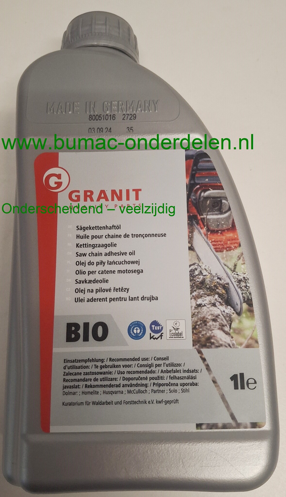 Granit Kettingzaagolie BIO – Biologisch Afbreekbare Olie voor Motorzagen – 1 Liter – Milieuvriendelijk en KWF-getest