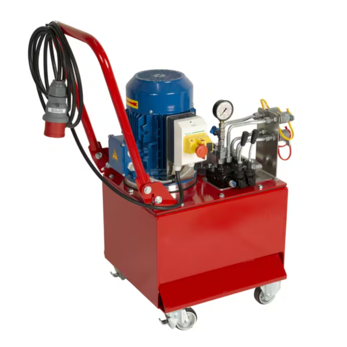 WP85B002 Werkplaatsaggregaat 35l-9l/min-4kW/400V – Hydraulisch systeem voor werkplaatsdoeleinden met wielen, manometer, retourfilter en elektromotor