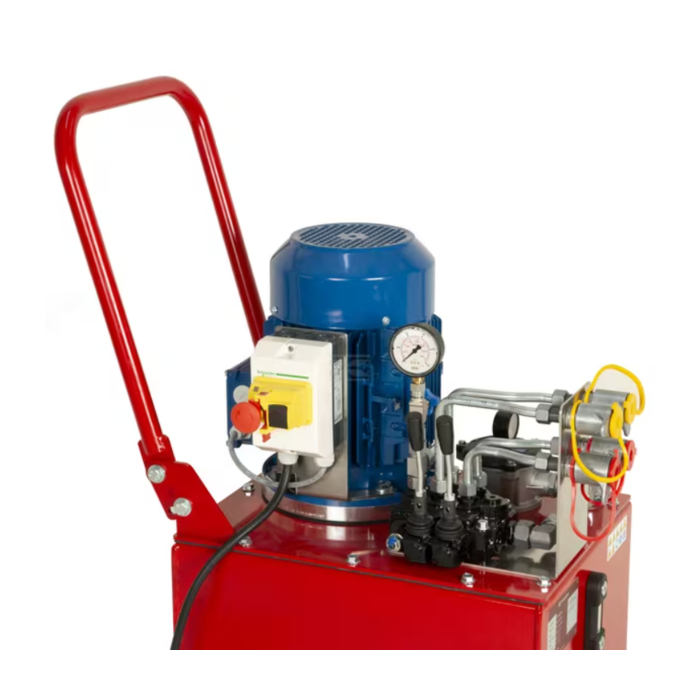 WP85B002 Werkplaatsaggregaat 35l-9l/min-4kW/400V – Hydraulisch systeem voor werkplaatsdoeleinden met wielen, manometer, retourfilter en elektromotor