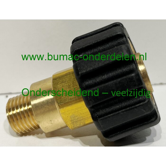 Handschroefverbinding 1/4" AG met M22 x 1,5 IG – Max. 400 bar – Messing/Kunststof – 150°C – Ø14 mm – 49 mm lang – Voor hogedrukreinigers, hydrauliek en industriële toepassingen