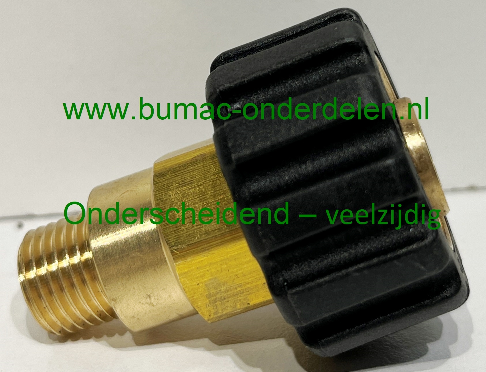 Handschroefverbinding 1/4" AG met M22 x 1,5 IG – Max. 400 bar – Messing/Kunststof – 150°C – Ø14 mm – 49 mm lang – Voor hogedrukreinigers, hydrauliek en industriële toepassingen