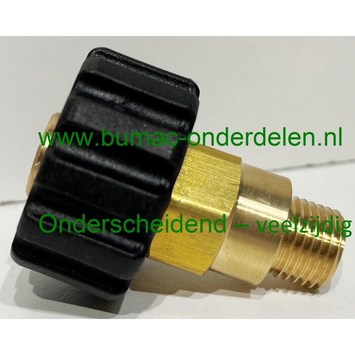 Handschroefverbinding 3/8" AG met M22 x 1,5 IG – Max. 400 bar – Messing/Kunststof – 150°C – Ø14 mm – 46 mm lang – Voor hogedrukreinigers, hydrauliek en industriële toepassingen