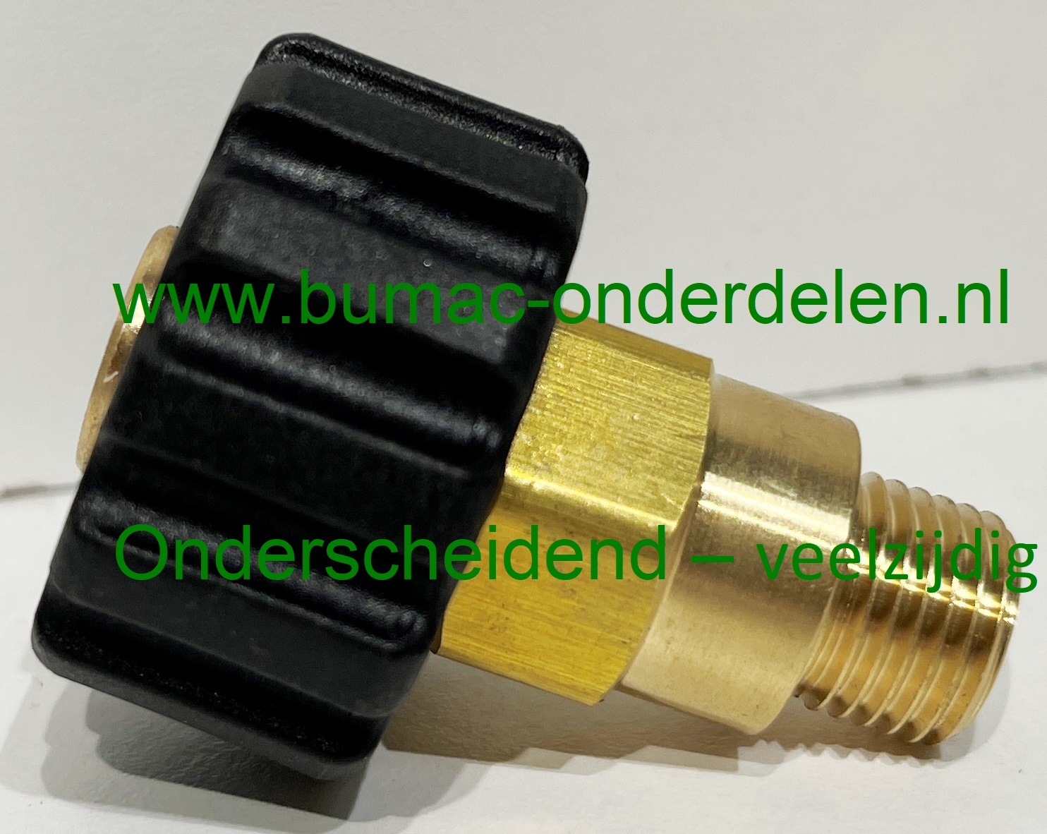 Handschroefverbinding 3/8" AG met M22 x 1,5 IG – Max. 400 bar – Messing/Kunststof – 150°C – Ø14 mm – 46 mm lang – Voor hogedrukreinigers, hydrauliek en industriële toepassingen