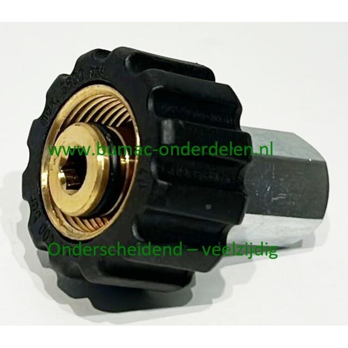 Handkoppeling M22 x 1,5 binnendraad, 1/4" IG – Max. 400 bar – Messing/Kunststof – 150°C – Ø14 mm – 45 mm lang – Voor bodemreinigers en hogedruktoepassingen