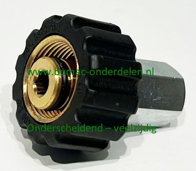 Handkoppeling M22 x 1,5 binnendraad, 1/4" IG – Max. 400 bar – Messing/Kunststof – 150°C – Ø14 mm – 45 mm lang – Voor bodemreinigers en hogedruktoepassingen