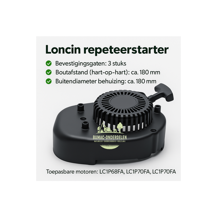 Trekstarter / repeteerstarter met versterkte kunststof behuizing voor Loncin motoren LC1P68FA, LC1P70F en LC1P70FA – Startmechanisme geschikt voor grasmaaiers, trilplaten, aggregaten, zitmaaiers, waterpompen, kooimaaiers en andere machines, onderdeel