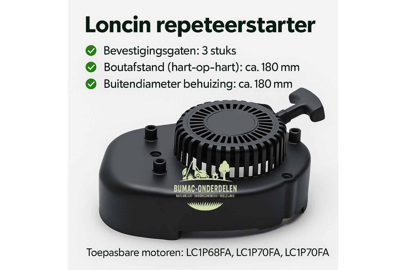 Trekstarter / repeteerstarter met versterkte kunststof behuizing voor Loncin motoren LC1P68FA, LC1P70F en LC1P70FA – Startmechanisme geschikt voor grasmaaiers, trilplaten, aggregaten, zitmaaiers, waterpompen, kooimaaiers en andere machines, onderdeel