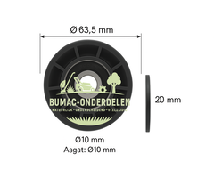 Spanrol Ø63,5 mm met Lager 6203RS, Kunststof Looprol voor Zitmaaier, Tuintrekker, Veegmachine, onderdeel