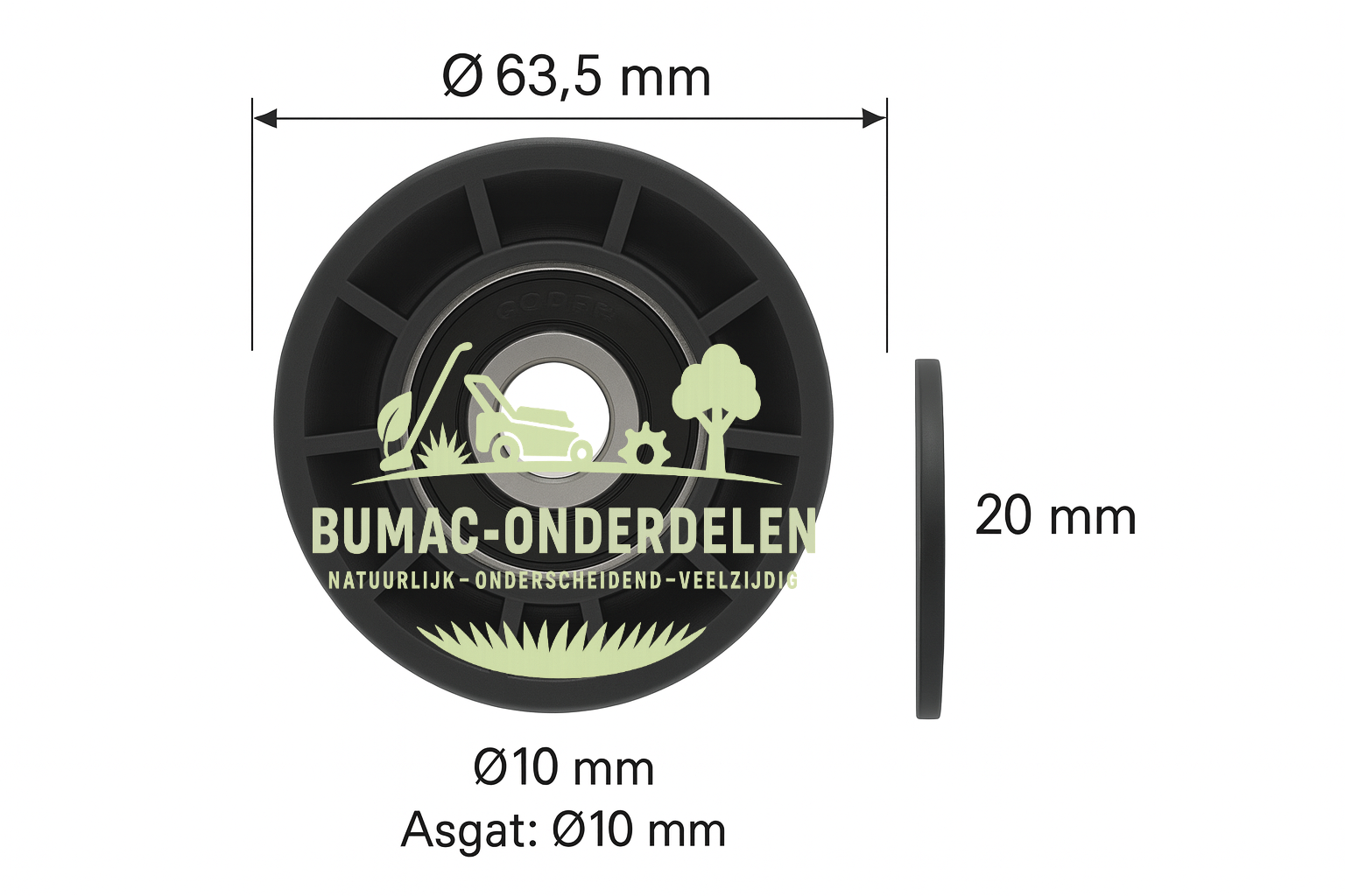 Spanrol met Lager 6203RS, Kunststof Looprol Ø63,5 mm, Binnen-Ø 10 mm, Hoogte 20 mm, geschikt voor Zitmaaiers, Grasmaaiers, Frontmaaiers, Tuintractoren, Veegmachines, onderdeel