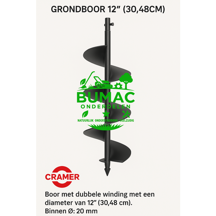 Grondboor 12" (30,48 cm) met dubbele winding en Ø20 mm aansluiting, geschikt voor Cramer en Greenworks machines, booraccessoire voor tuinmachine onderdeel