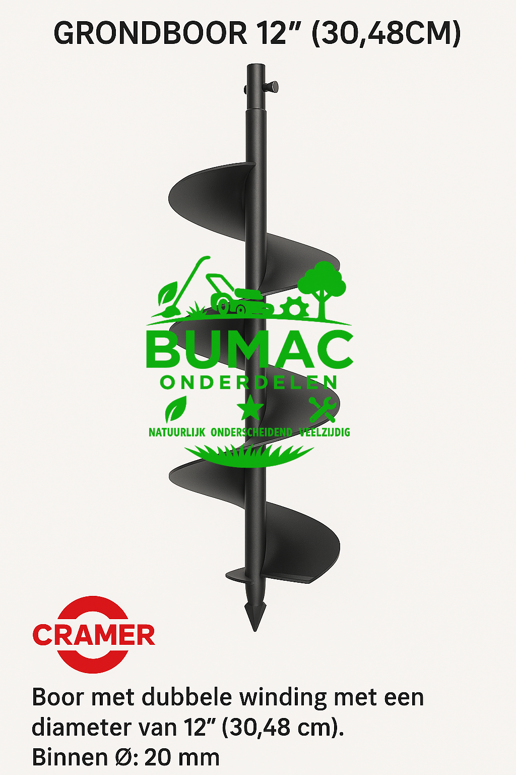 Grondboor 12" (30,48 cm) met dubbele winding en Ø20 mm aansluiting, geschikt voor Cramer en Greenworks machines, booraccessoire voor tuinmachine onderdeel