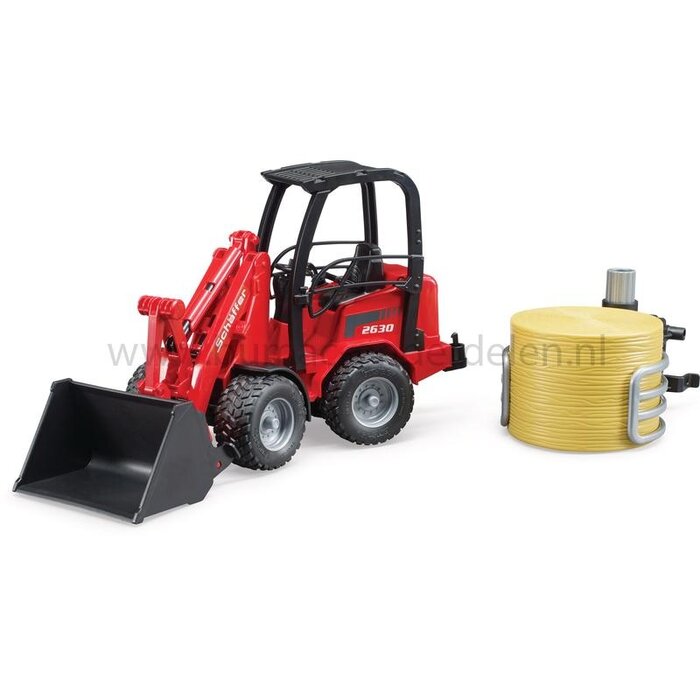 Bruder Schäffer wiellader 2630 speelgoed schaal 1:16 met knikbesturing, laadarm, rolbeugel, balengrijper en ronde balen, robuuste bouwmachine voor kinderen vanaf 3 jaar, onderdeel