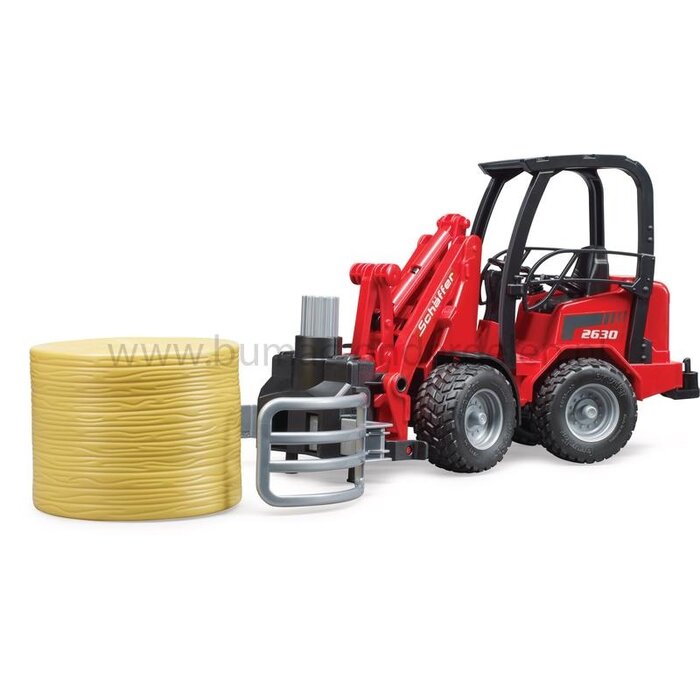 Bruder Schäffer wiellader 2630 speelgoed schaal 1:16 met knikbesturing, laadarm, rolbeugel, balengrijper en ronde balen, robuuste bouwmachine voor kinderen vanaf 3 jaar, onderdeel