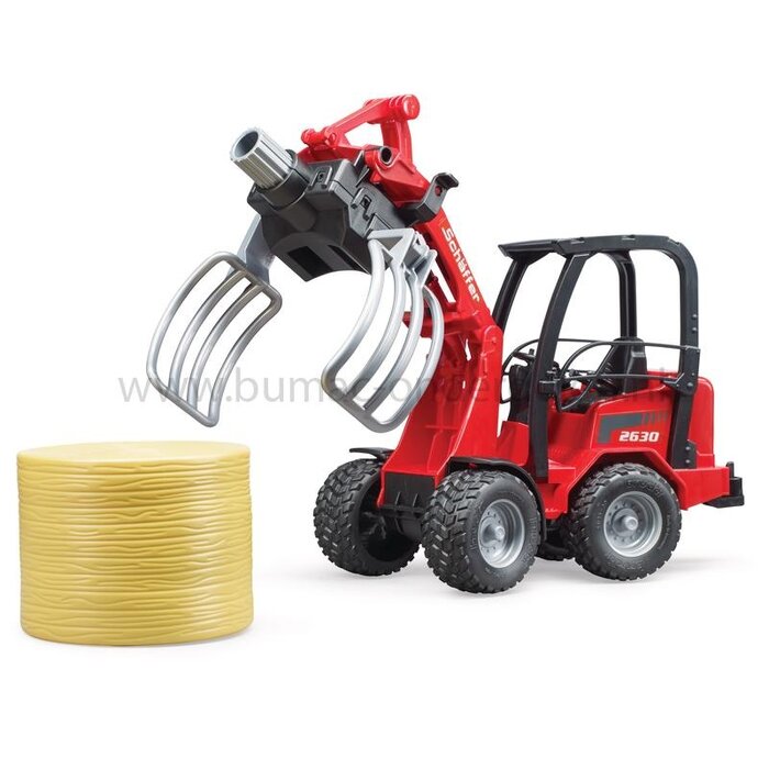 Bruder Schäffer wiellader 2630 speelgoed schaal 1:16 met knikbesturing, laadarm, rolbeugel, balengrijper en ronde balen, robuuste bouwmachine voor kinderen vanaf 3 jaar, onderdeel