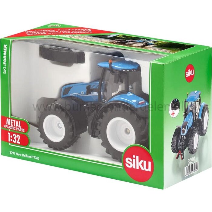 Siku New Holland T7.315 HD speelgoed tractor schaal 1:32, tractor met cabine, fusee-besturing, rubberen banden, frontgewicht en aanhangerkoppeling, onderdeel