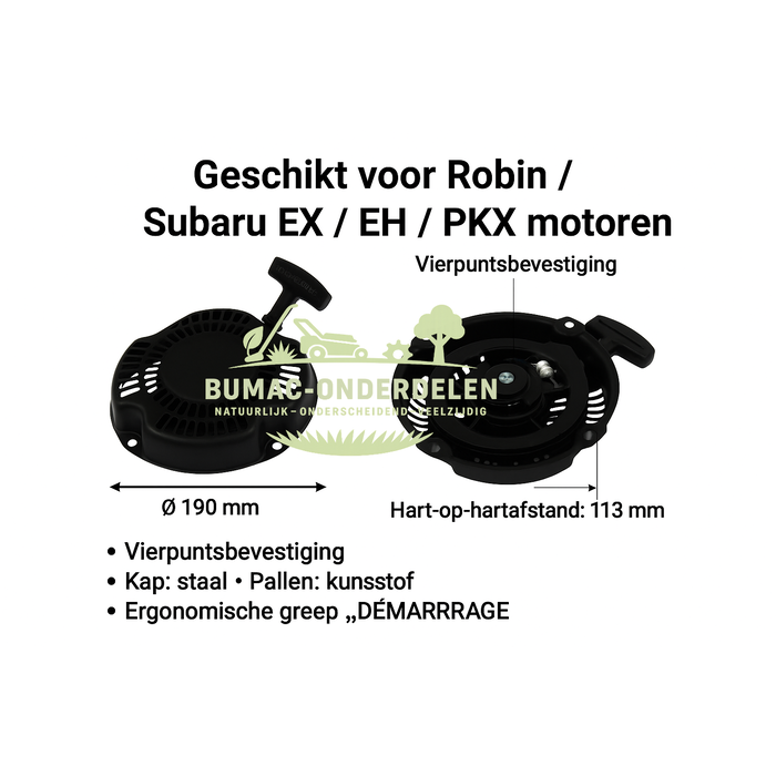Complete Handstarter met Kunststof Startpallen voor Robin Subaru motoren – Startmechanisme met Vierpuntsbevestiging Ø 7 mm – Geschikt voor EX17, EX13, SP170, PKX201, PKX301, RGX2900, EH2-2, EH122D, SRV65/66/70 – Motoronderdeel met Stalen Behuizing