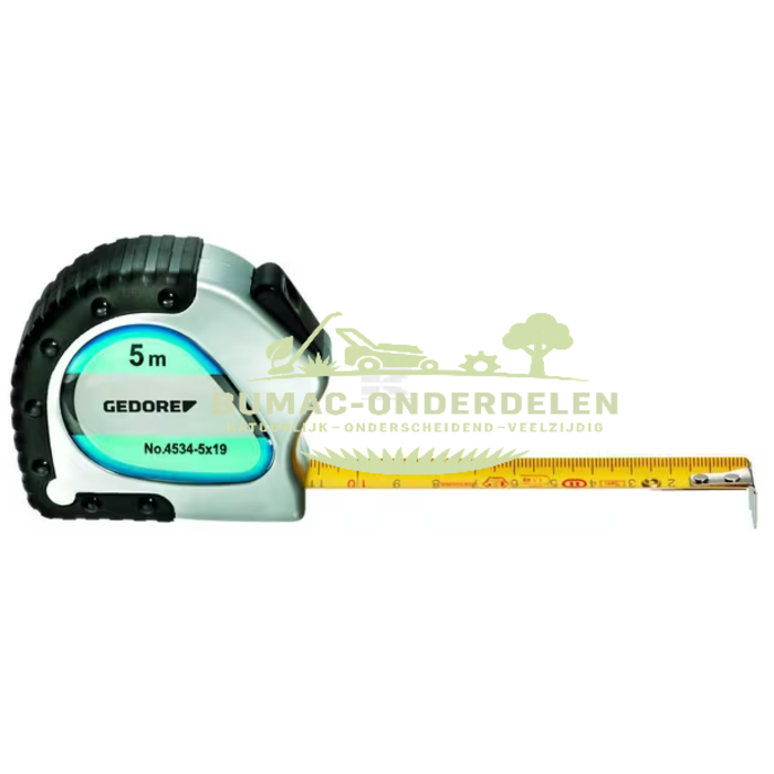 Rolbandmaat 5 meter x 19 mm – GEDORE meetlint in kunststof behuizing met geel gelakte stalen band, indeling in millimeters, bevestigingsclip en terugloopstop, onderdeel voor professioneel en particulier gebruik