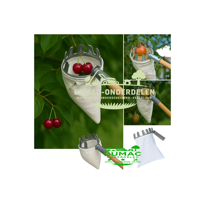 Praktische fruitplukker voor het oogsten op hoogte en zonder ladder - ideaal voor het voorzichtig en effectief verzamelen van noten, appels, peren, kersen, pruimen en vele andere fruitsoorten. Met een sterke linnen zak om sinaasappels, perziken, grotere m