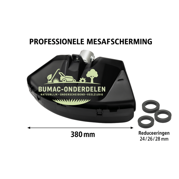 Professionele Kunststof Mesafscherming 380 mm – Luxe Uitvoering met Volledig Metalen Montagebeugel, Verwijderbare Onderbescherming en 3 Reduceerringen Ø 24, 26 en 28 mm – Geschikt voor Bosmaaier en Trimmer, onderdeel