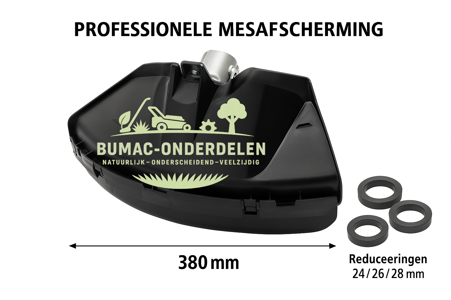 Professionele Kunststof Mesafscherming 380 mm – Luxe Uitvoering met Volledig Metalen Montagebeugel, Verwijderbare Onderbescherming en 3 Reduceerringen Ø 24, 26 en 28 mm – Geschikt voor Bosmaaier en Trimmer, onderdeel