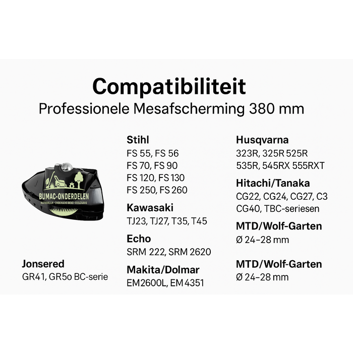 Professionele Kunststof Mesafscherming 380 mm – Luxe Uitvoering met Volledig Metalen Montagebeugel, Verwijderbare Onderbescherming en 3 Reduceerringen Ø 24, 26 en 28 mm – Geschikt voor Bosmaaier en Trimmer, onderdeel