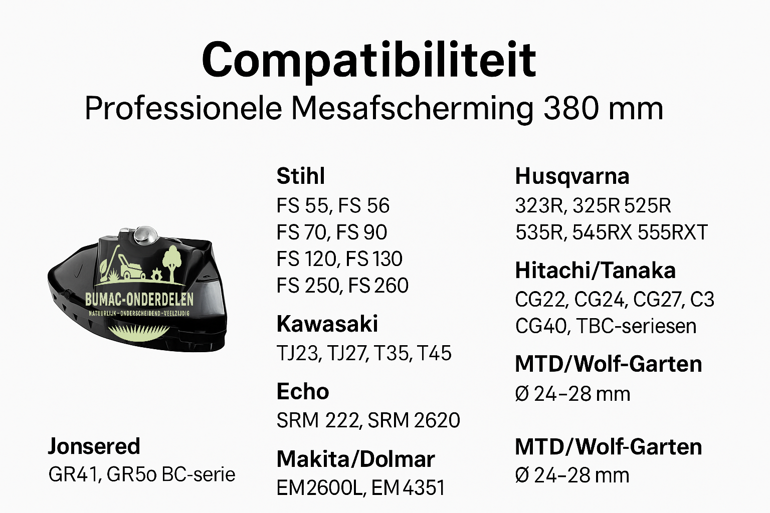 Professionele Kunststof Mesafscherming 380 mm – Luxe Uitvoering met Volledig Metalen Montagebeugel, Verwijderbare Onderbescherming en 3 Reduceerringen Ø 24, 26 en 28 mm – Geschikt voor Bosmaaier en Trimmer, onderdeel
