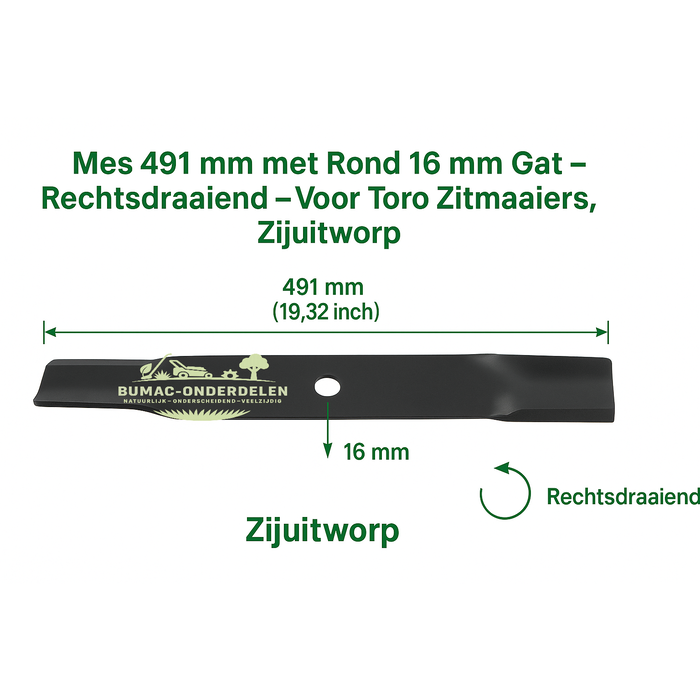 Gazonmaaiermes 491 mm – Rond Middenbevestigingsgat Ø 16 mm – Rechtsdraaiend – Voor Toro Zitmaaiers 11-38 Pro, 12-38 HXL, 12-38 XL, 13-38 HXL, 13-38 XL, 14-38 HXL, HMR-1200 – Zijuitworp, onderdeel