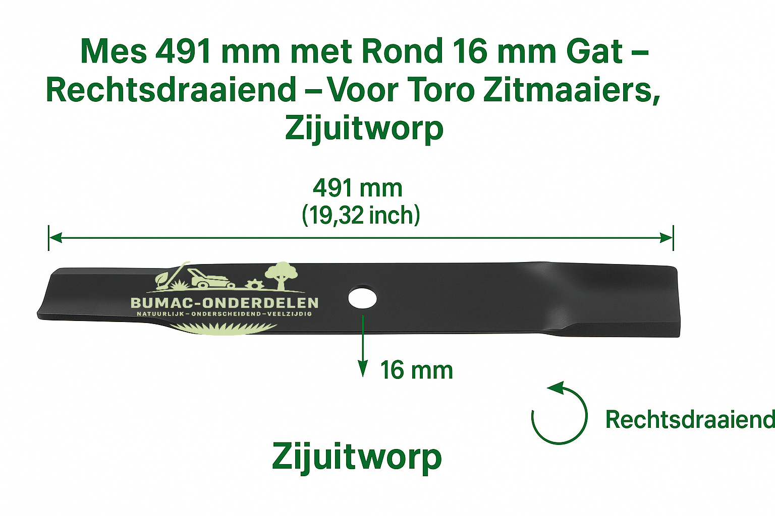 Gazonmaaiermes 491 mm – Rond Middenbevestigingsgat Ø 16 mm – Rechtsdraaiend – Voor Toro Zitmaaiers 11-38 Pro, 12-38 HXL, 12-38 XL, 13-38 HXL, 13-38 XL, 14-38 HXL, HMR-1200 – Zijuitworp, onderdeel