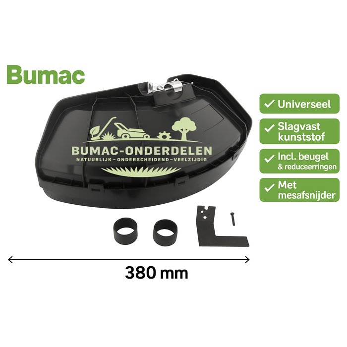 Universele Beschermkap / Mesafscherming Kunststof 380 mm met Metalen Montagebeugel – Inclusief 2 Reduceerringen voor Ø 24 en 26 mm – Geschikt voor Stihl, Husqvarna, Kawasaki, Echo, Shindaiwa, Makita, Jonsered en Meer – Voor Nylon Draadkop en Stalen Messen