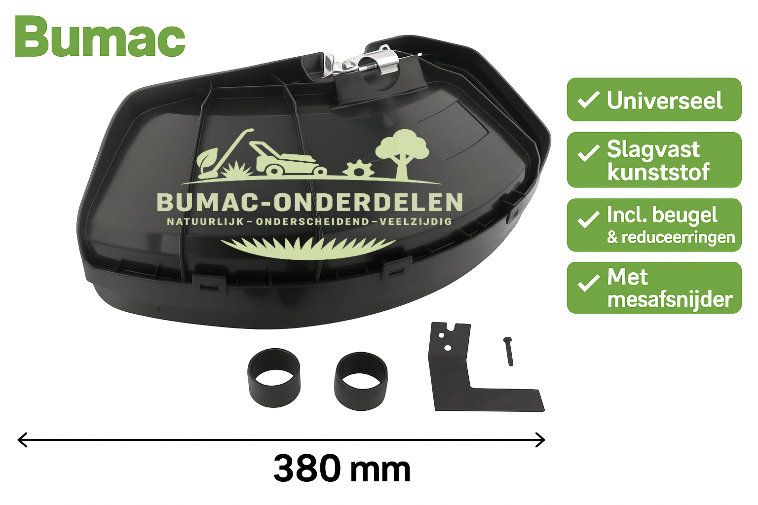 Universele Beschermkap / Mesafscherming Kunststof 380 mm met Metalen Montagebeugel – Inclusief 2 Reduceerringen voor Ø 24 en 26 mm – Geschikt voor Stihl, Husqvarna, Kawasaki, Echo, Shindaiwa, Makita, Jonsered en Meer – Voor Nylon Draadkop en Stalen Messen