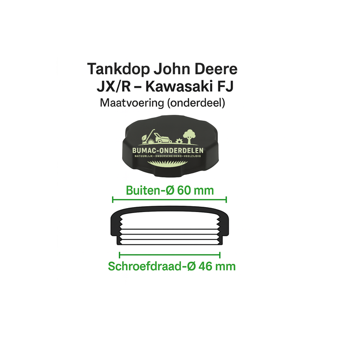 Tankdop voor Kawasaki FJ180V/FJ100D op John Deere JX- en R-serie loopmaaiers – 46/50/60 mm – geleverd zonder membraan – passend alternatief, onderdeel