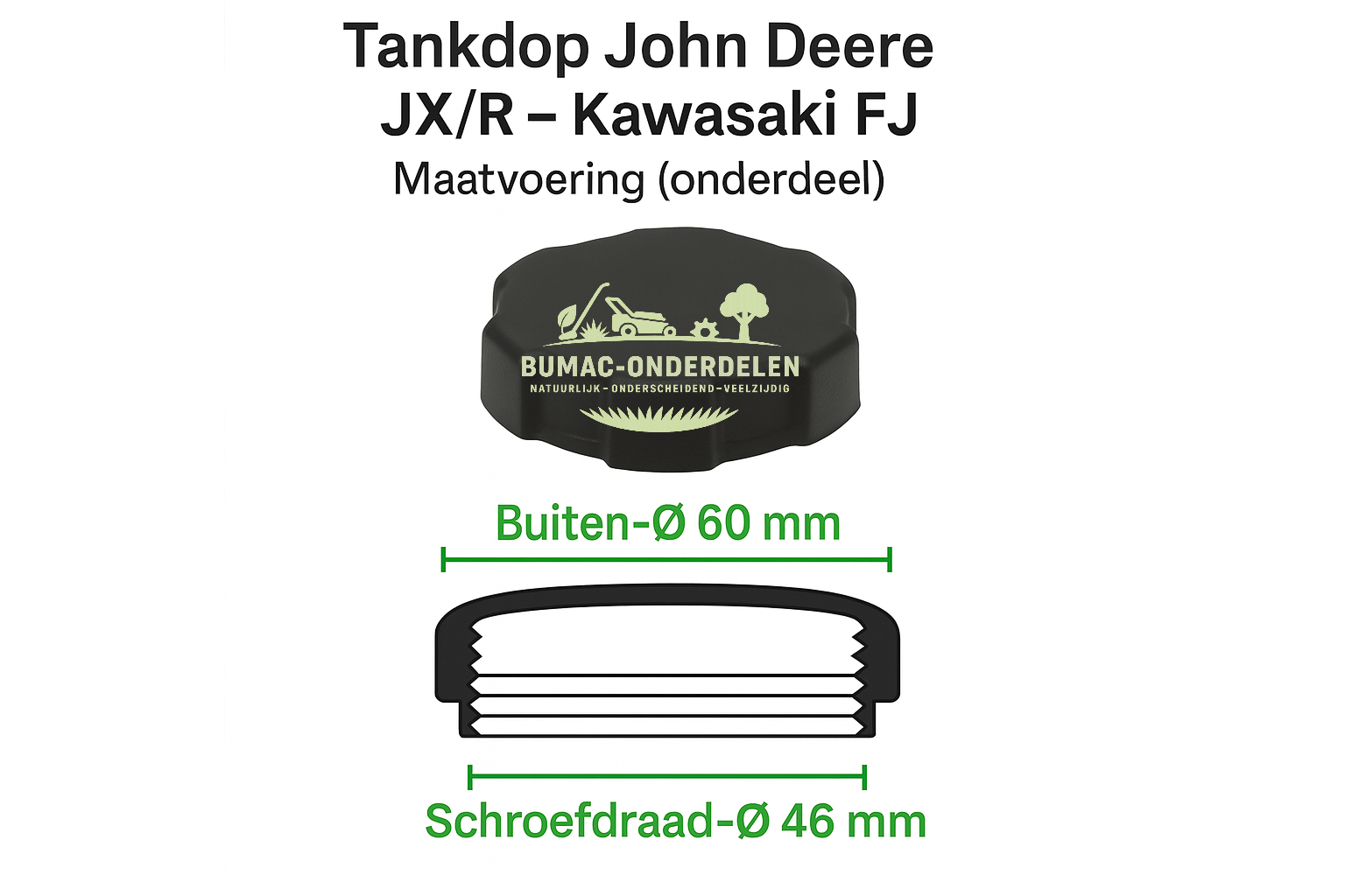 Tankdop voor Kawasaki FJ180V/FJ100D op John Deere JX- en R-serie loopmaaiers – 46/50/60 mm – geleverd zonder membraan – passend alternatief, onderdeel