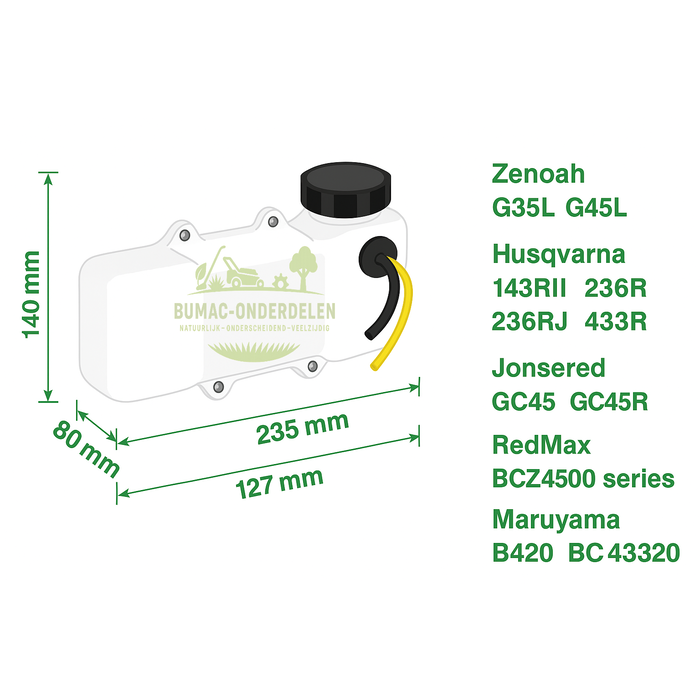 Brandstoftank compleet met dop en brandstofslangen – passend voor Zenoah G35L, G45L, BC4310, BC4510, BC5410 en Husqvarna 143RII, 236R, 236RJ, 436R, 443R – tevens geschikt voor Jonsered GC45, GC45R, RedMax BCZ4500-serie en geselecteerde Maruyama bosmaaiers