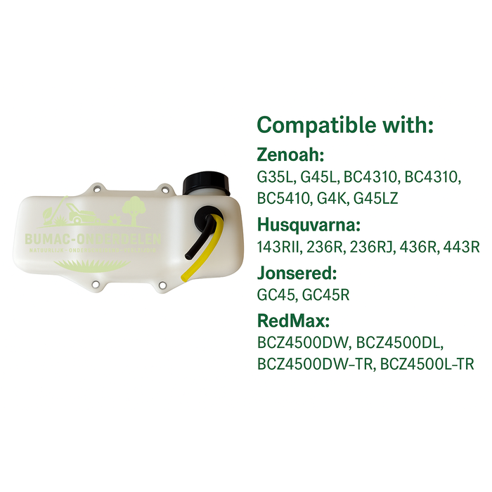 Brandstoftank compleet met dop en brandstofslangen – passend voor Zenoah G35L, G45L, BC4310, BC4510, BC5410 en Husqvarna 143RII, 236R, 236RJ, 436R, 443R – tevens geschikt voor Jonsered GC45, GC45R, RedMax BCZ4500-serie en geselecteerde Maruyama bosmaaiers